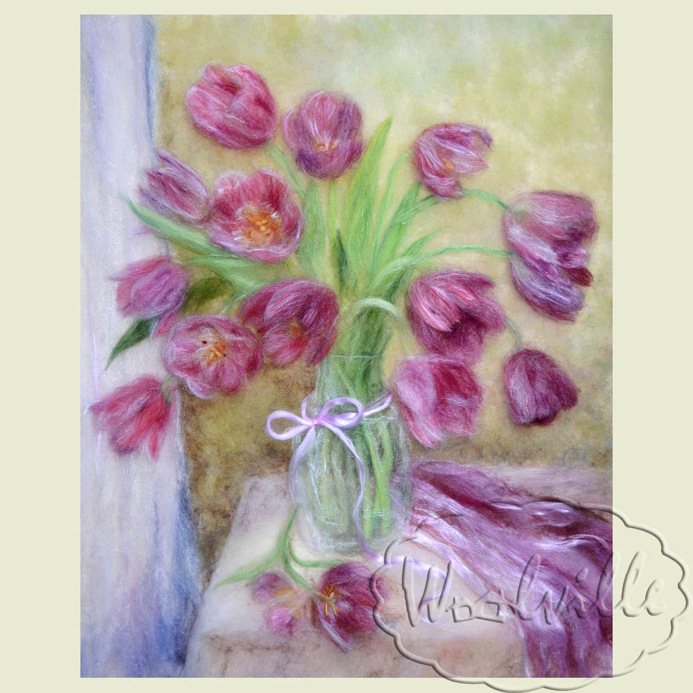 Картина из шерсти Ваза с тюльпанами