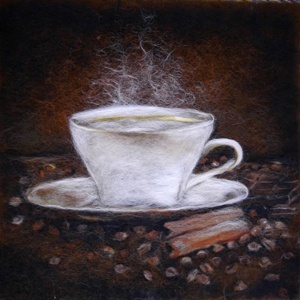 Картина из шерсти Чашка кофе и корица