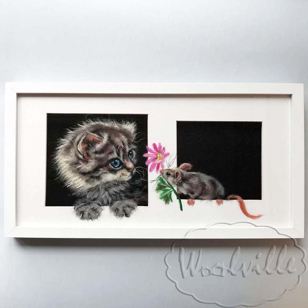 Картина из шерсти Кошка и мышка